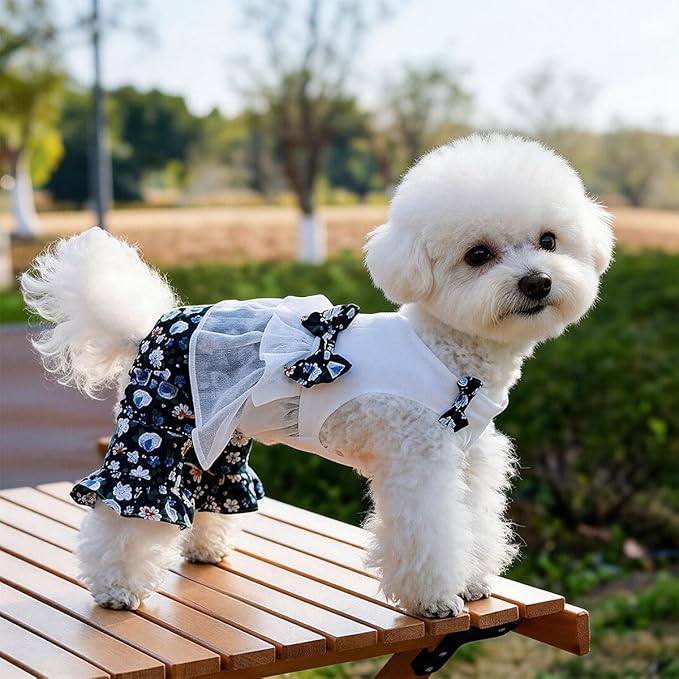 Vintage Floral Bowknot Sleeveless Romper for Small Dogs Cats Rabbits, Breathable Cotton Ruffle Flared Pants, Teacup to Small-Medium Pets for Walk Photo Vacation (Blue-Floral, X-Large)
