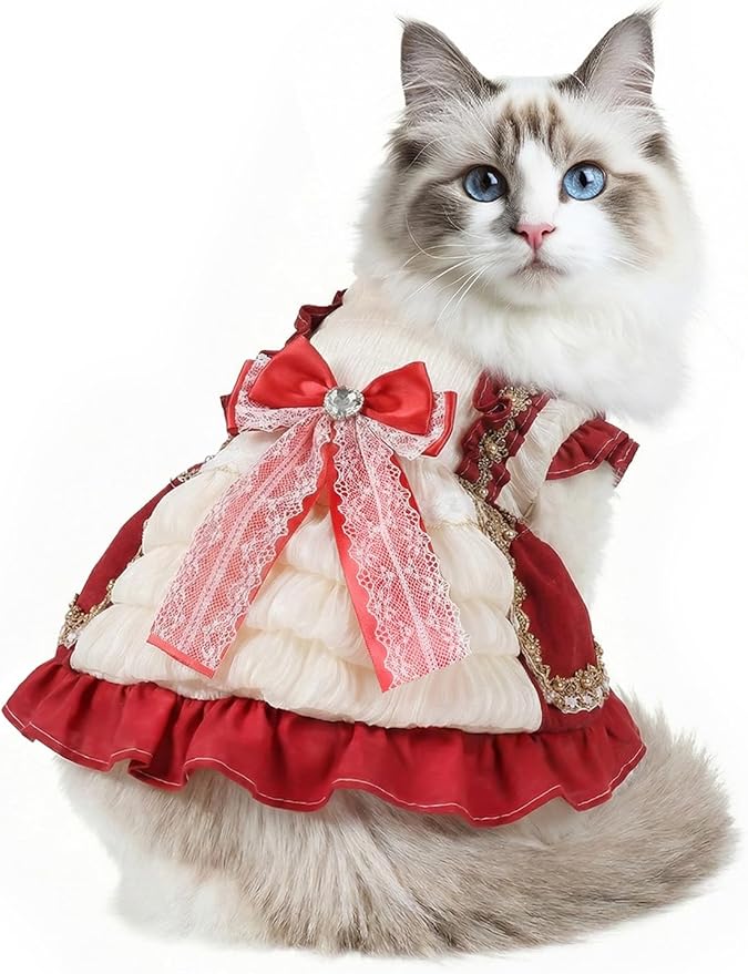 Angrypet Pet Princess Dresses for Cats and Dogs with Lace Bow Valentine's Day Small Puppy Tutu Party Dress Outfits Red Large