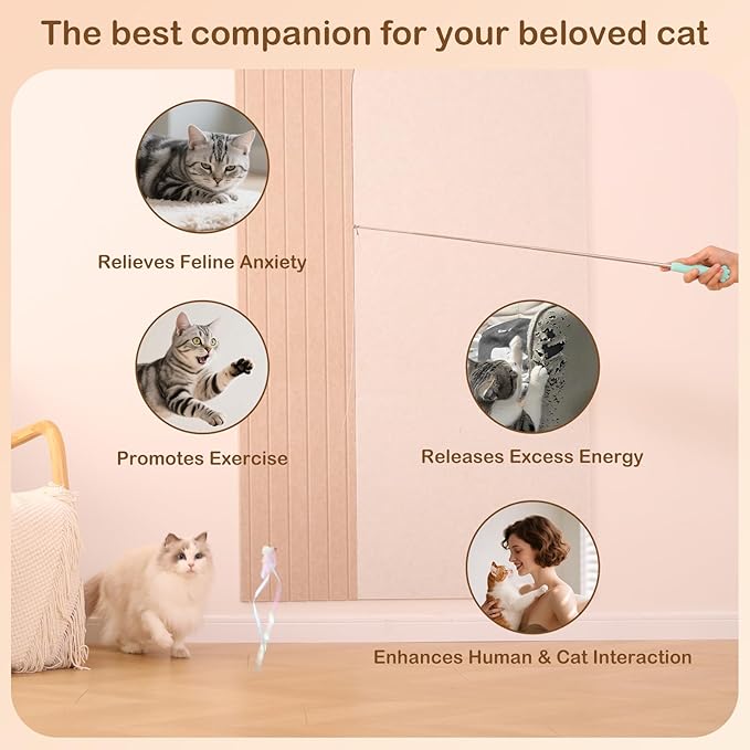 Cat Wand Toy – Retractable Wand with 4 Feather Toy Refills for Indoor Cats Enrichment, Interactive Cat Toy for Bored Adult Cats and High-Energy Kittens (BioBugs Serie 2.0)