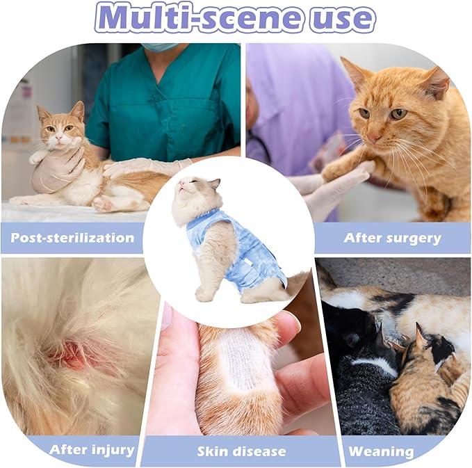 2 Pack Cat Surgery Recovery Suit for Female and Male, Soft Cat Spay Shirts Clothes, Comfortable Kittens Pajamas Onesie, Adjustable Fit to Stop Licking, Blue S