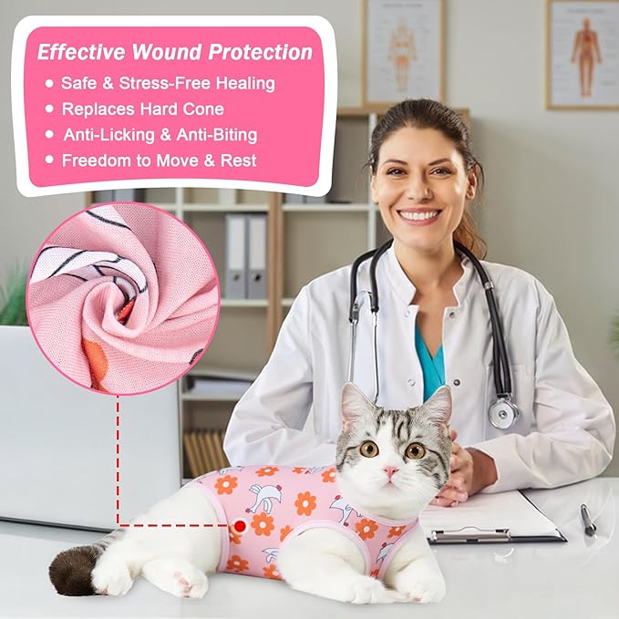 Coppthinktu Cat Recovery Suit Female Cats Onesie for Cats, Breathable Cat Surgery Suit for Surgical Abdominal Wounds Skin Diseases, Cute Kitten Spay Recovery Suit E-Collar Alternative Anti Licking