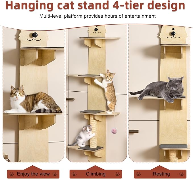4-Levels Door Hanging Cat Climber Door Cat Tree, Door Hanging Cats Shelf Cats Ladder with Scratching Post Tease Cat Ball Easy to Install Space-Saving 16.54" x 9.06" x 66.93"