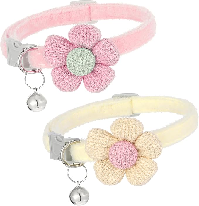 2Pcs Flower Cat Collar, Cat Collars for Girl Cats Pet Plush Flower Collars in Pink and Cream, Adjustable Safety Design for Small Dogs and Cats with Bell, Cute Puppy Accessories