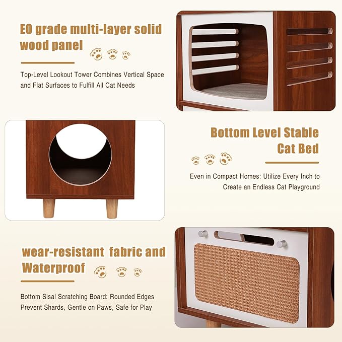 Generic Two-Tier Indoor Cat Activity Center with Scratching Board Vintage TV Shaped Cat Furniture Retro TV-Style for Living Room Bedroom Decoration
