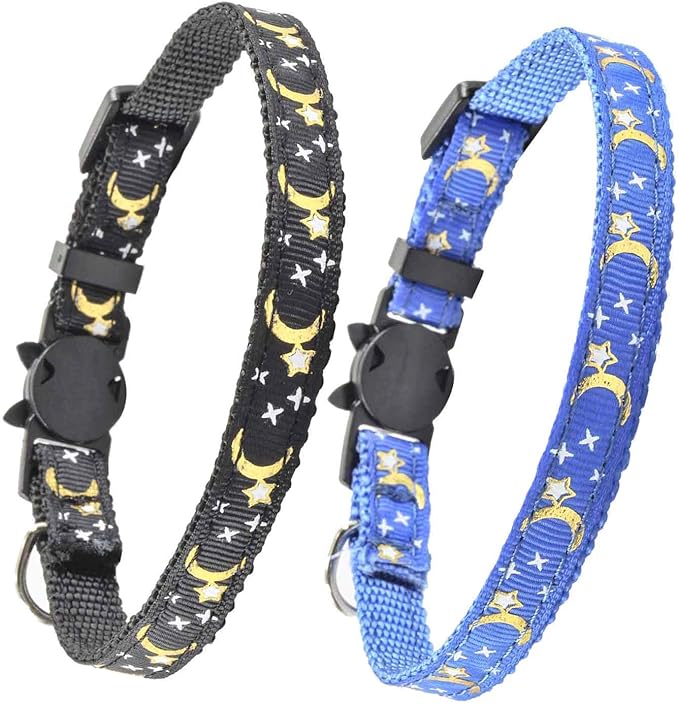 2 PCS Breakaway Cat Collar with Bell, Cute Adjustable Kitten Collars with Accessories (Blue Black)