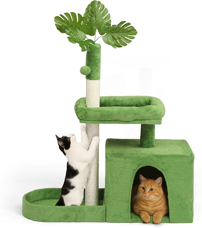 VINGLI Cat Tree, Cat Tower with Leaves, Cat Condo for Indoor Kittens, Cats Activity Center with Cozy Hammock, Sisal Scratching Posts, Green (40" H)
