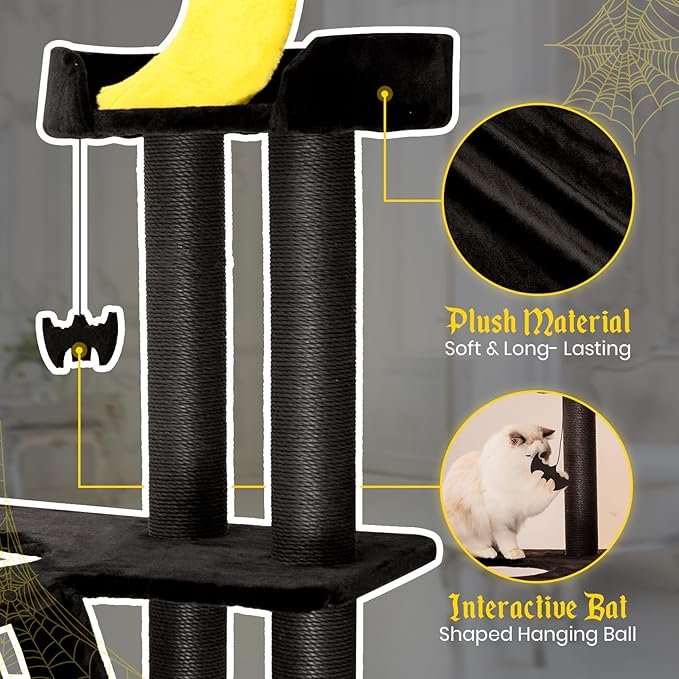 Happy&Polly Gothic Cat Tree- Black Cat Tower with Spacious Private Basket Bed, Natural Sisal Scratch Post& Climbing Ladder with Hanging Bat Toy,Multi-Level Cat Activities Furniture for Perching