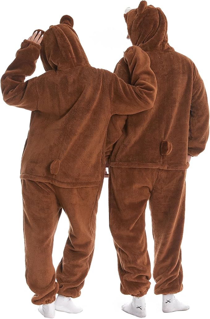 HSCTEK Fuzzy Teddy Fleece Adult Onesies Pajamas - Teen Long Sleeve Zip Up Hooded Blanket Sleep - One Piece Costume