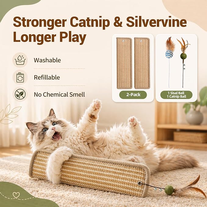 (2-Pack) Catnip Kicker Toys for Indoor Cats, Refillable with Silvervine Blend Refills, Each Toy Includes Sisal Ball & Catnip Ball, Durable Chew Toy for Aggressive Cats