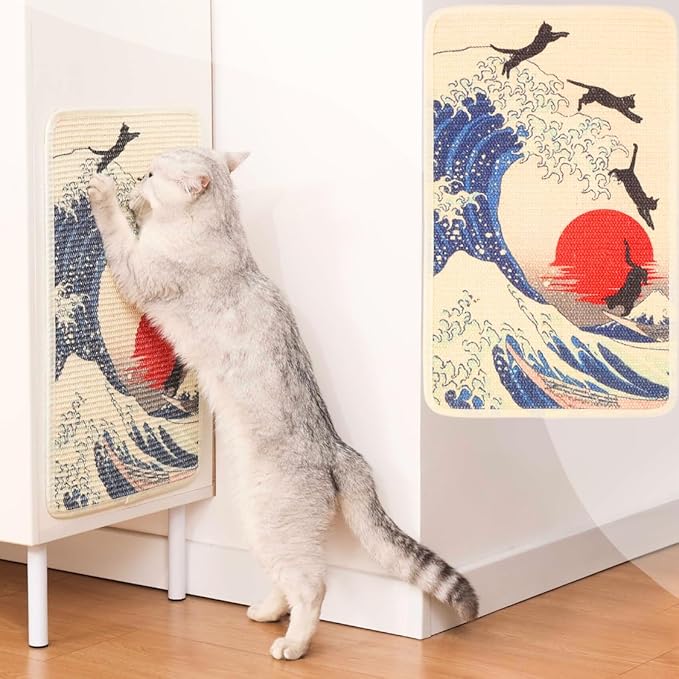 Furrther Sisal Cat Scratcher Post Mat (Use on Wall, Couch and Carpet), Durable and Shedding-Resistant Cat Scratching Surface - 21.7x13 inch with Adhesive Pads (The Cat Wave)