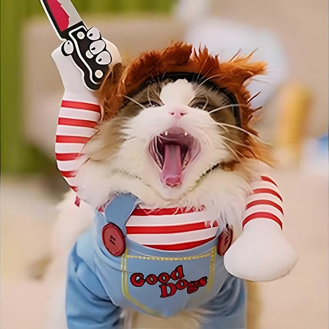 Halloween Dog Costumes with Wig & Knife, Cute Pet Deadly Dog Cosplay Costume for Small, Medium, Large Dogs & Puppies