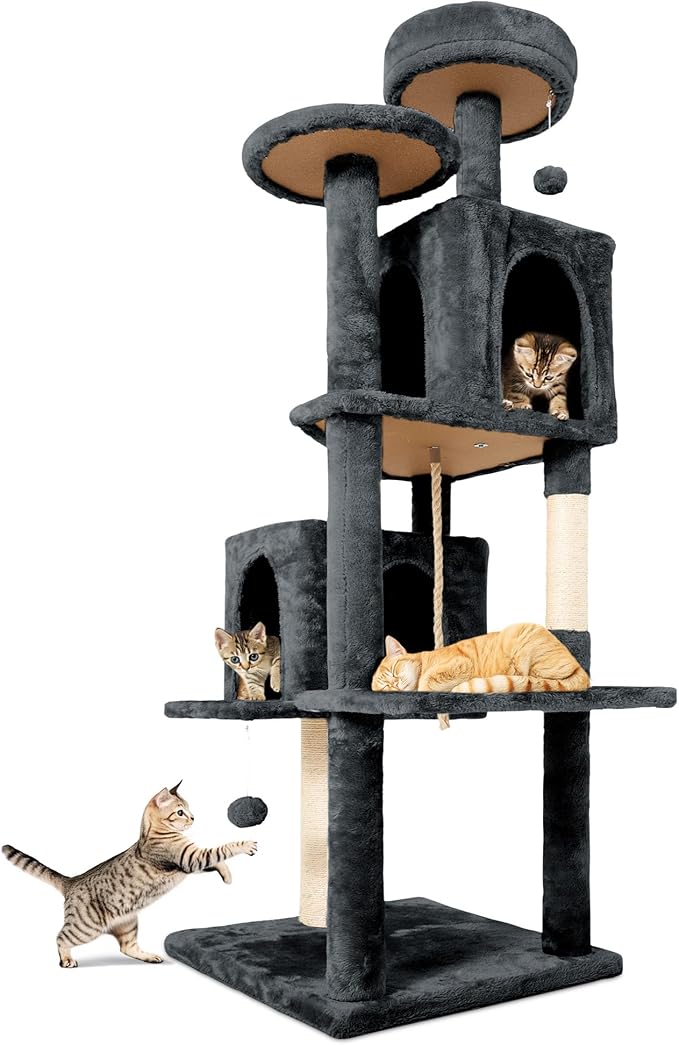 58.5inch Large Cat Tree Tower Condo for Indoor Cats, Soft Plush Multi-Level Climbing Tree Cat House with Cat Cave, Scratching Post, More Entrance/Exit, Sisal Rope, Deep Grey