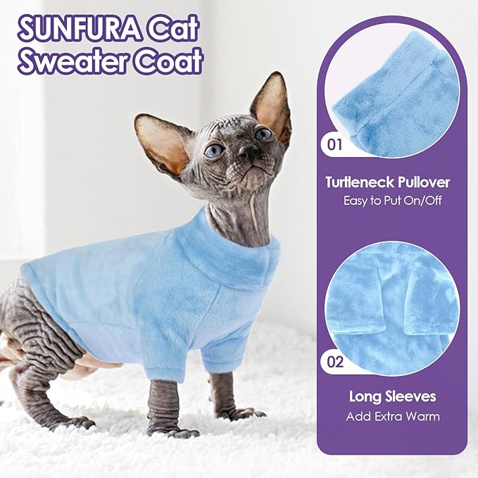 Turtleneck Sweater Coat for Cats, Sphynx Cat Clothes Pajamas for Cats Only, Kitten Fleece Pullover Sweaters with Sleeves, Pet Warm Jumpsuit Cat Sweatshirt for Cold Weather, Blue M