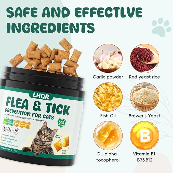 Flea and Tick Prevention for Cats Chewable, Natural Oral Flea and Tick Treatment Supplement, Cat Flea Chews Support Skin & Digestive Supplement for Puppies & All Breeds 500 PCS, Chicken