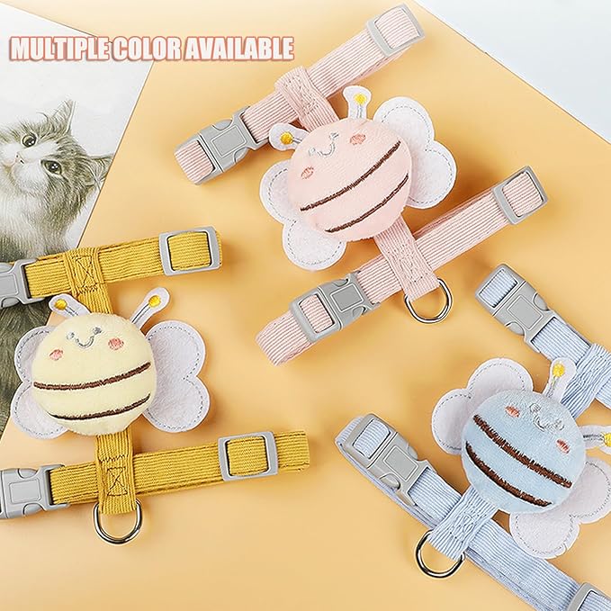 Cat Harness and Leash Set for Outdoor Travel Walking Escape Proof Soft Safe Adjustable Kitten Puppy Small Strap Cute Bee Wings Pink, M