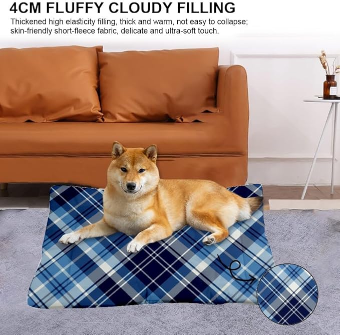 Dark Blue Plaid Dog Pad Bed Non Slip Bottom Washable Dog Bed Cozy Soft Car Pet Supplies Printed Crate Gift Cozy 24× 18 Inch Indoor Outdoor