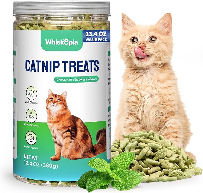 13.4 OZ Catnip Cat Treats for Indoor Cats with Cat Grass Hairball Control & Dental Care Natural Chicken Kitten Snacks Crunchy Training Biscuits for Teeth Cleaning