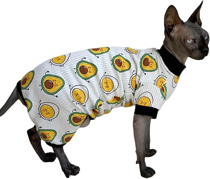 Sphynx Cat Four Leg Cotton Pajamas Elastic Pet Clothes for Hairless Cats Surgery Recovery Suit Cat Undershirt Clothes for Sphynx, Devon, Cornish (Egg & Avocado, XL)