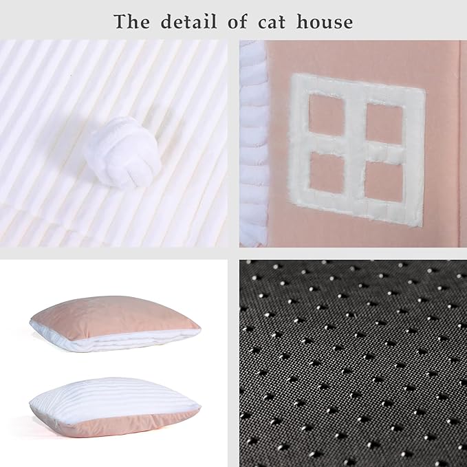Jiupety Rabbit Cat Houses for Indoor Cats, Chimney Cute Cat Bed Cave, Enough Interior Space, Cartoon Soft Pet House Up to 3-7 lbs Kitten, Pink