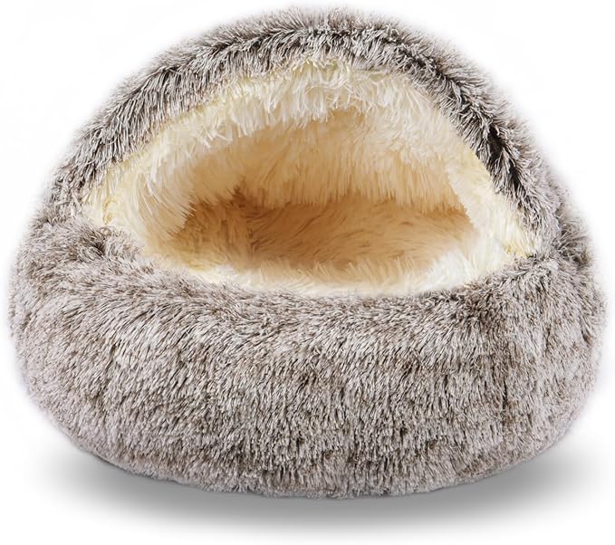 FORMYCATIE Cat Beds for Indoor Cats,Cat Cave for Puppy and Kitty,Calming Small Dog Bed for Small Dogs with Cover Cave,Cozy Warming Fluffy Washable Anti-Slip Pet Sleeping Bag (20 * 20inch,Khaki)