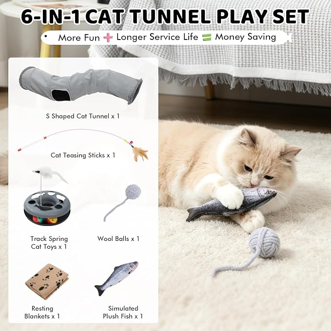 XIAPIA Cat Tunnel for Indoor Cats, 6-in-1 Collapsible Crinkle Play Tunnel with Interactive Roller Track Ball, Cat Enrichment Toys for Kittens Rabbits, Exercise Hide & Seek Tube for Indoor Outdoor Play