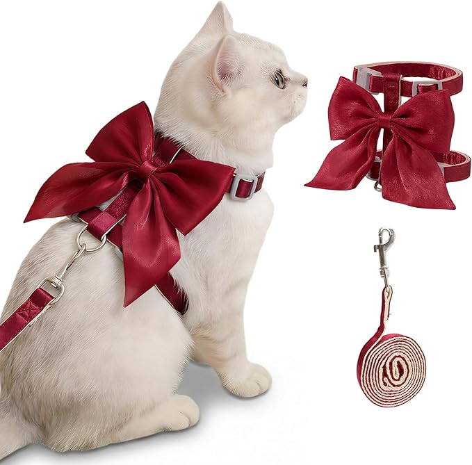 Tensho Red Bow Cat Harness and Leash Set Escape Proof, Adjustable Kitten Harness with Leash, Bow Tie Cat Harness for Walking Outdoor - Soft Lightweight Harness for Small Dogs Cats Rabbits (S)