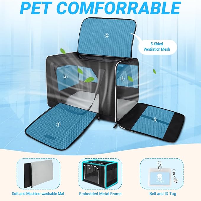 Petskd Extra Large Cat Carrier with Wheels and Litter Box 24"x17"x17" for Large Cat or 2 Small Cats, Soft-Sided Cat Carrier with Lockable Safety Zippers(Black)