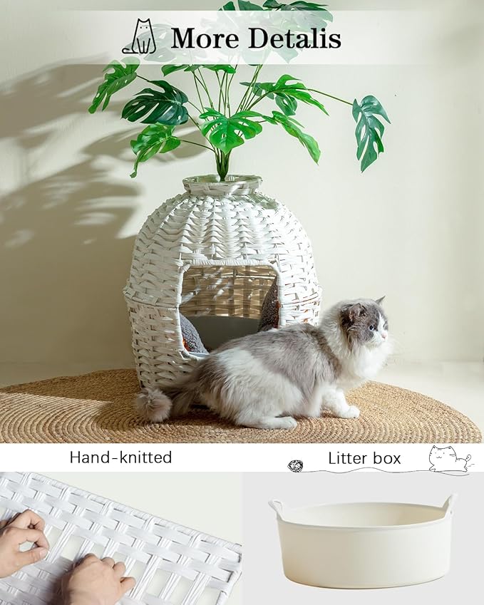 SETVSON Cat Litter Box Plant Enclosure, Hidden Handwoven Rattan with Cat Litter Box Furniture and Artificial Plants, Odor Control Filter, Real Stones in Living Room, Bedroom, Corner (White)