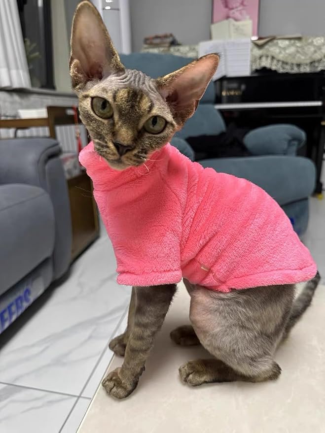 Sphynx Cat Clothes Winter Turtleneck Soft Coral Fleece Cat Clothes Thicken Warm Pajamas Coat for Hairless Cats and Small Cat Apparel with Sleeves (Rainbow Powder, XXL（12.7-16lbs）)