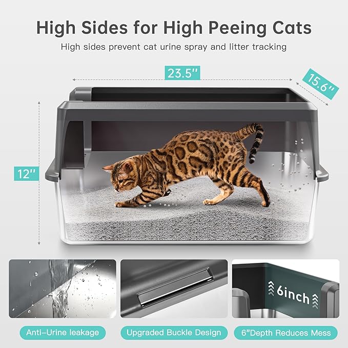 WoofiGo Enclosed Stainless Steel Cat Litter Box with Lid, XL Extra Large Litter Box for Big Cats, Metal Litter Pan High Sided, Never Absorbs Odors, Anti-Urine Leakage, Easy Cleaning, Include Scoop