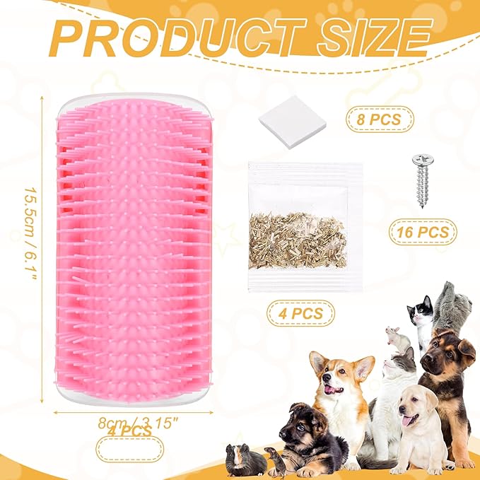 Self Grooming Cat Brush, Cat Self Groomer Scratcher with Catnip Softer Scratchers Wall Corner Groomer Massage Combs (4Pcs, L, Pink) for Long Short Fur Pets/Kittens/Puppies