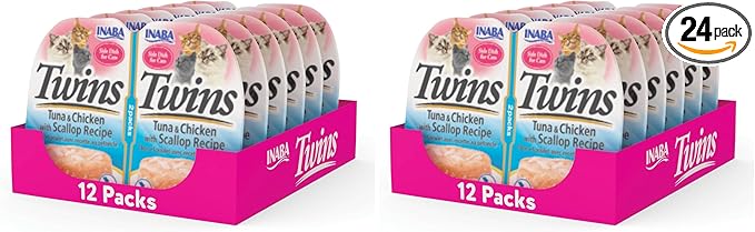INABA Twins for Cats, Grain-Free Shredded Chicken & Broth Gelée Side Dish/Complement/Topper Cups, 29.52 Ounces Total, Tuna & Chicken with Scallop Recipe, 1.23 Ounces (Pack of 24)