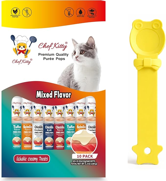 Purée Pops + Yellow Feeding Spoon, Grain-Free, Lickable, Squeezable Creamy Cat Treat/Topper, 10 Tubes, Chicken and Seafood Mix Variety