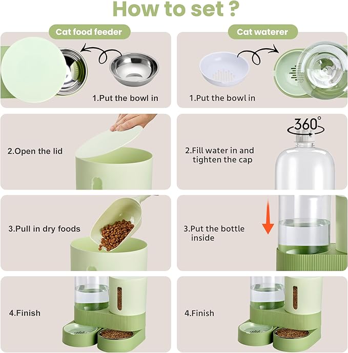 Automatic Dog Cat Water Dispenser Gravity Feeder and Water Dispenser Stainless Steel 2-in-1 Set Large Capacity Dispenser for Pets Dogs, Puppies, Kittens（Green）