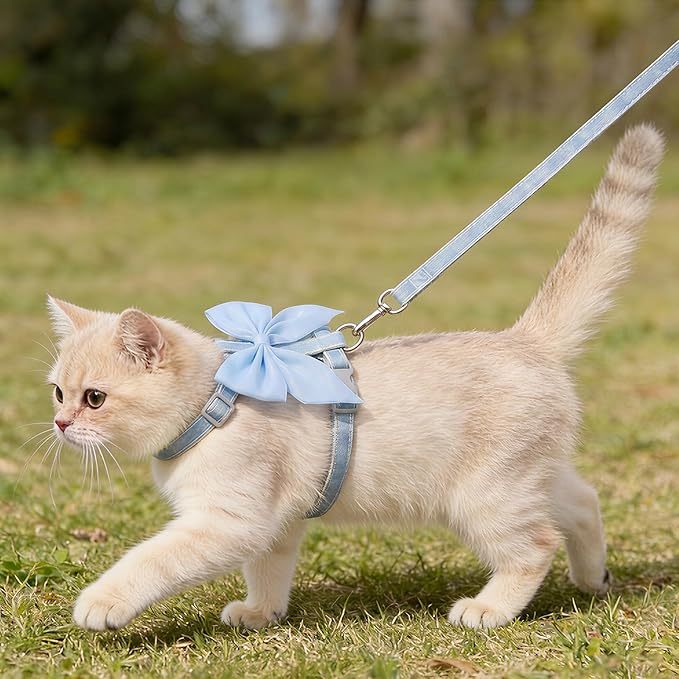 Tensho Blue Bow Cat Harness and Leash Set Escape Proof, Adjustable Kitten Harness with Leash, Bow Tie Cat Harness for Walking Outdoor - Soft Lightweight Harness for Small Dogs Cats Rabbits (M)
