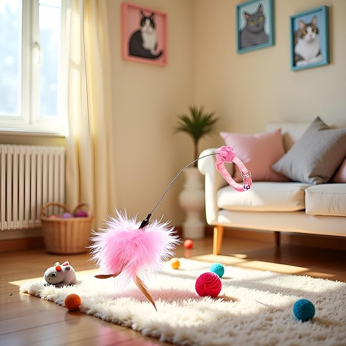 Jowxsx Pink Teasing Collars Funny Kitten Automatic Toy with Feather Decoration Relieve Boredom Supplies Cat Feather Toys Cat Amusing-Collar Hands-Free Toy