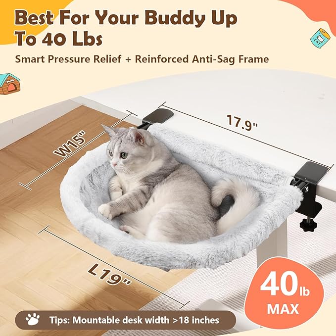 X-Large Cat Desk Bed | 19"x15" Spacious Retreat, Dual Clamps & Sunken Hammock Design, Comfy Cat Desk Hammock with Faux Rabbit Fur Cover, Removable & Washable, Holds Up to 40lbs