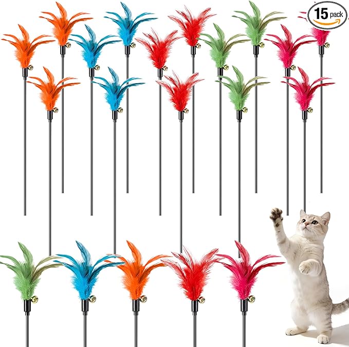 Leitee 15 Pcs Cat Wand Toy Feather Stick Cat Toy Bulk Feather Toys and Teaser Wand Bulk Interactive Stick for Indoor (Bright Color)