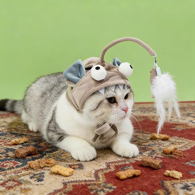 Cat Hat Toy Feather Wand Teaser Cat Toys (Grey)