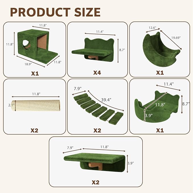 Cat Wall Shelves, Wall Mounted Cat Shelf Furniture with Plush Fabric(13 Piece Set), Cats Furniture with Moon Hammock, Condos, House, Steps, Bridge Ladder, Scratching Post, Green