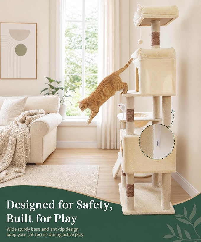 68 Inches Heavy Duty Cat Tree for Indoor Cat, Big Cat Tower with Sisal Scratching Posts and Top Perch, Large Platform for Adult Cats, PMT02BW, Beige