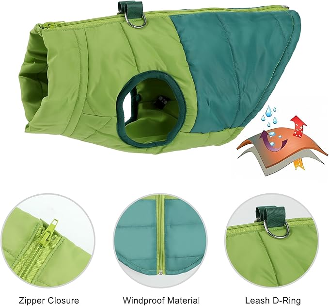 Winter Dog Coat with Leash Ring, Warm Jackets Puppy Cold Weather Coats Pet Clothes Cat Outfits for Small Dogs (Green+Dark Green, Medium)