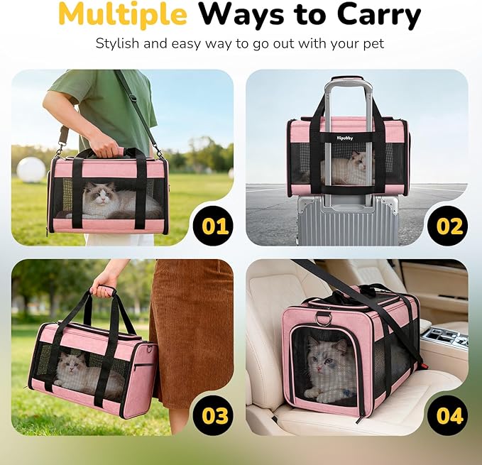 Hipubby Cat Carrier Dog Carrier for Pets Up to 16 Lbs, Soft-Sided Pet Travel Carrier for Cats and Small Dogs, Airline Approved Pet Carrying Case with Shoulder Strap & Removable Mat - Pink