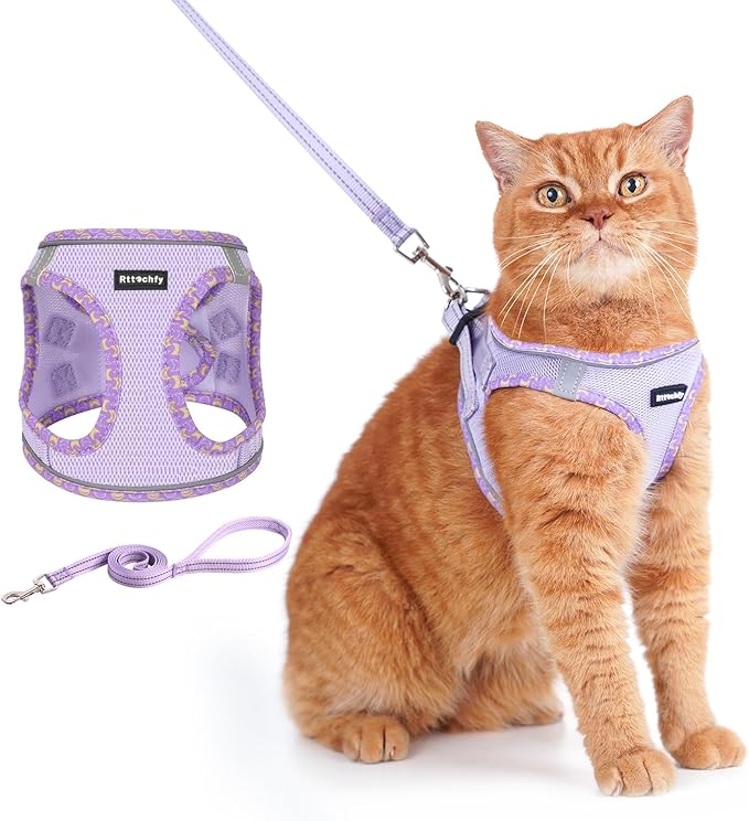 Rttochfy Cat Harness and Leash Set, Escape Proof Kitten Harness, Soft and Breathable Vest with Reflective Strip, Easy to Wear for Cats Walking and Traveling (Purple, XXS)