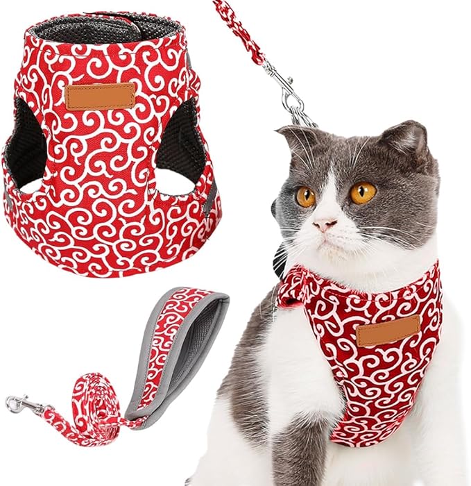 Cat Dogs Vest Harness and Leash Escape Proof, Soft Breathable Mesh and Comfortable Cat Harness and Leash Set, Anti Break Away Chest Strap Kitty Clothes for Travel Walking (Red, L)