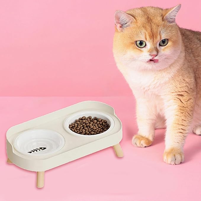 Elevated Double Bowl Ceramic Pet Food Bowls Nonslip Base Feeding Watering Dishes for Dog Cats Scratch Design Scratch Ceramic Pet Bowl