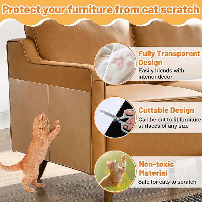 Cat Scratch Furniture Protector - Specially Designed for Leather Furniture, Easy to Remove Anti-Scratch Couch Protector from Cat, No Pins, 8 Pack