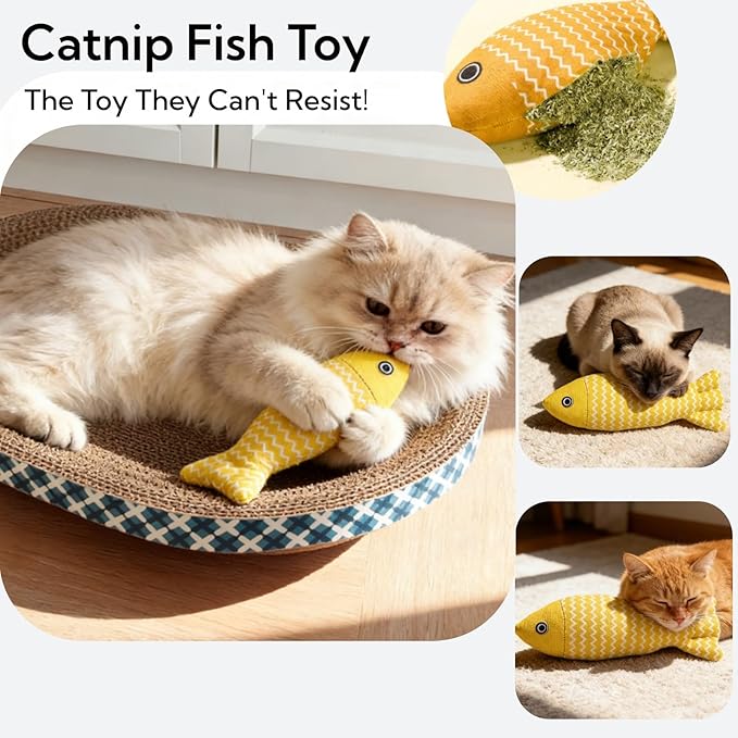 Cat Scratcher Bed with Toys, 4 Pack Oval Cat Scratcher Cardboard, Indoor Cat Scratch Bowl, Large Pad Cat Scratching Board with Catnip Fish Toy & Feather Wand for Furniture Protector L(17.5"x12.6"x3")