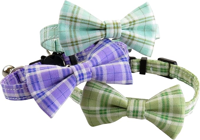 Cat Collar with Bow Tie and Bell, Breakaway Plaid Bowtie Cat Collar for Kitty, Cats, Puppy and Kittens, Purple