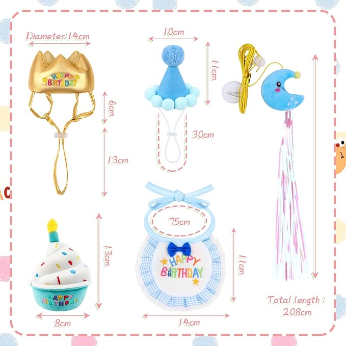 Cat Birthday Party Supplies - 4PC Cats Birthday Hat, Embroidered Bib, Cake Toy & Teaser Wand Cute Blue Costume for Cats Kittens Apparel Birthday Outfits